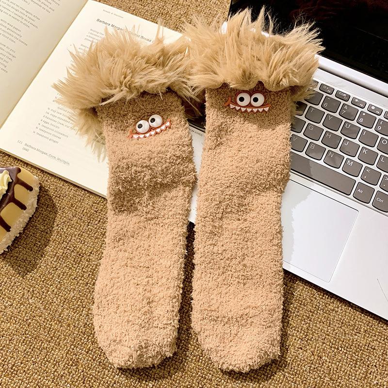 Funny Big Mouth Monster Plush Socks Cartoon Creative Warm Plush Thick Coral Velvet Sleeping Socks Winter Women Socks Gifts