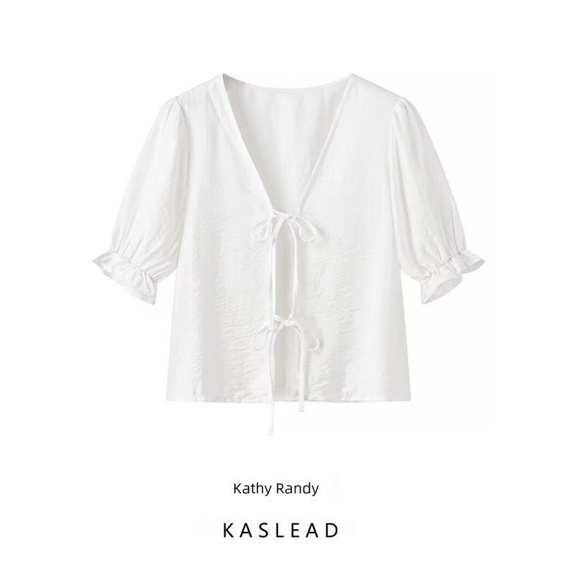 Kaslead New Arrival Women's Fashion Style Fashion Minimalist Pure Color Casual All-Match Short-Sleeved Shoelace Shirt