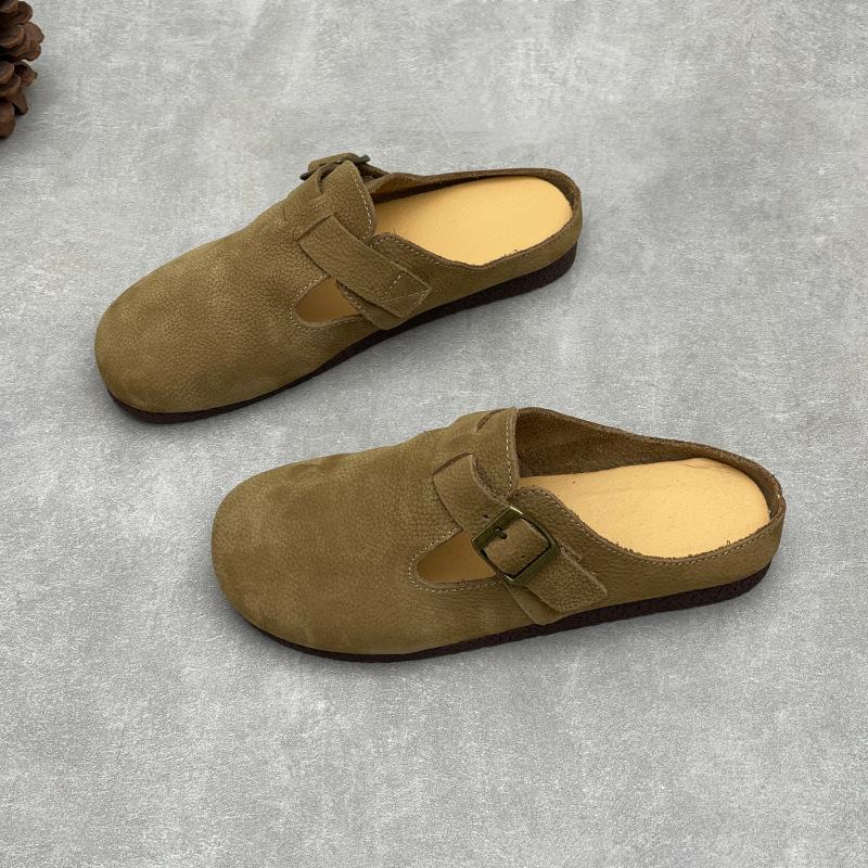 Baotou Round-toe Flat-soled Soft Leather Half-trousers Women's Shoes