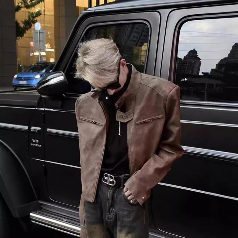 Stylish PU Leather Jacket Men Women Short Loose Fit With Tie-Dye Detail Casual Outerwear