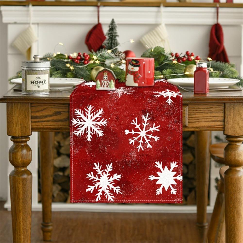 Festive Red Snowflake Table Runner Christmas Decoration Linen Fabric for Coffee Table Dining Room
