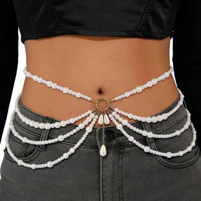 SHIXIN Fashion Y2K Multilayer Imitation Pearl Tassel Waist Chain Women New Elegant Sexy Bikini Belt Body Chain Jewelry Accessory