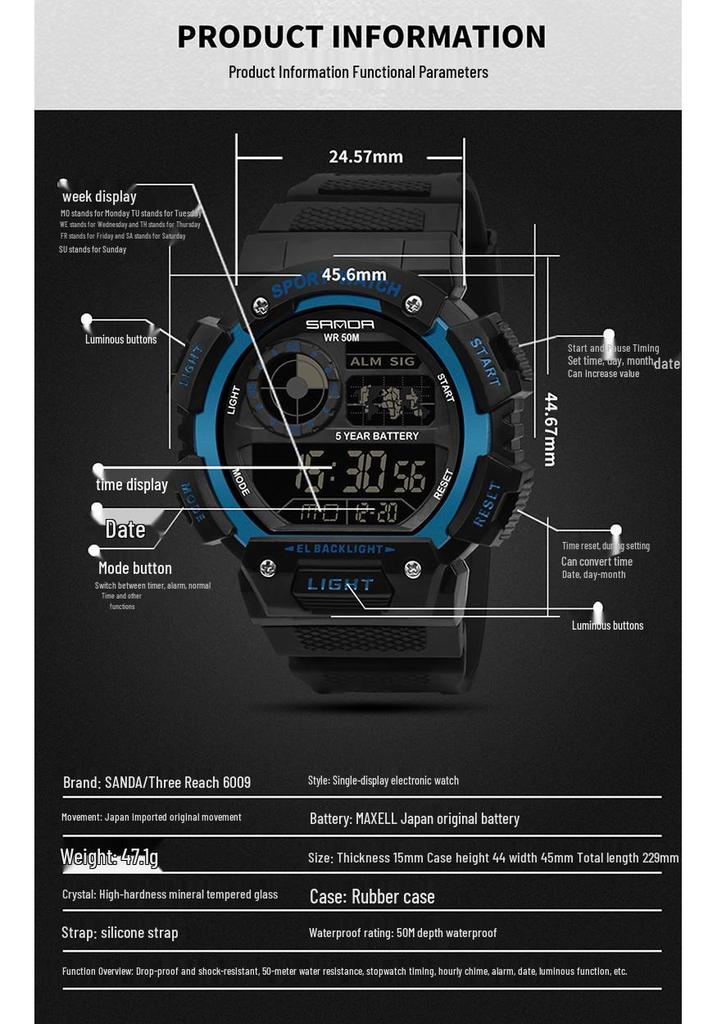 Sanda Korean Style Multifunctional Night Glow Waterproof Sports Watch for Men & Women