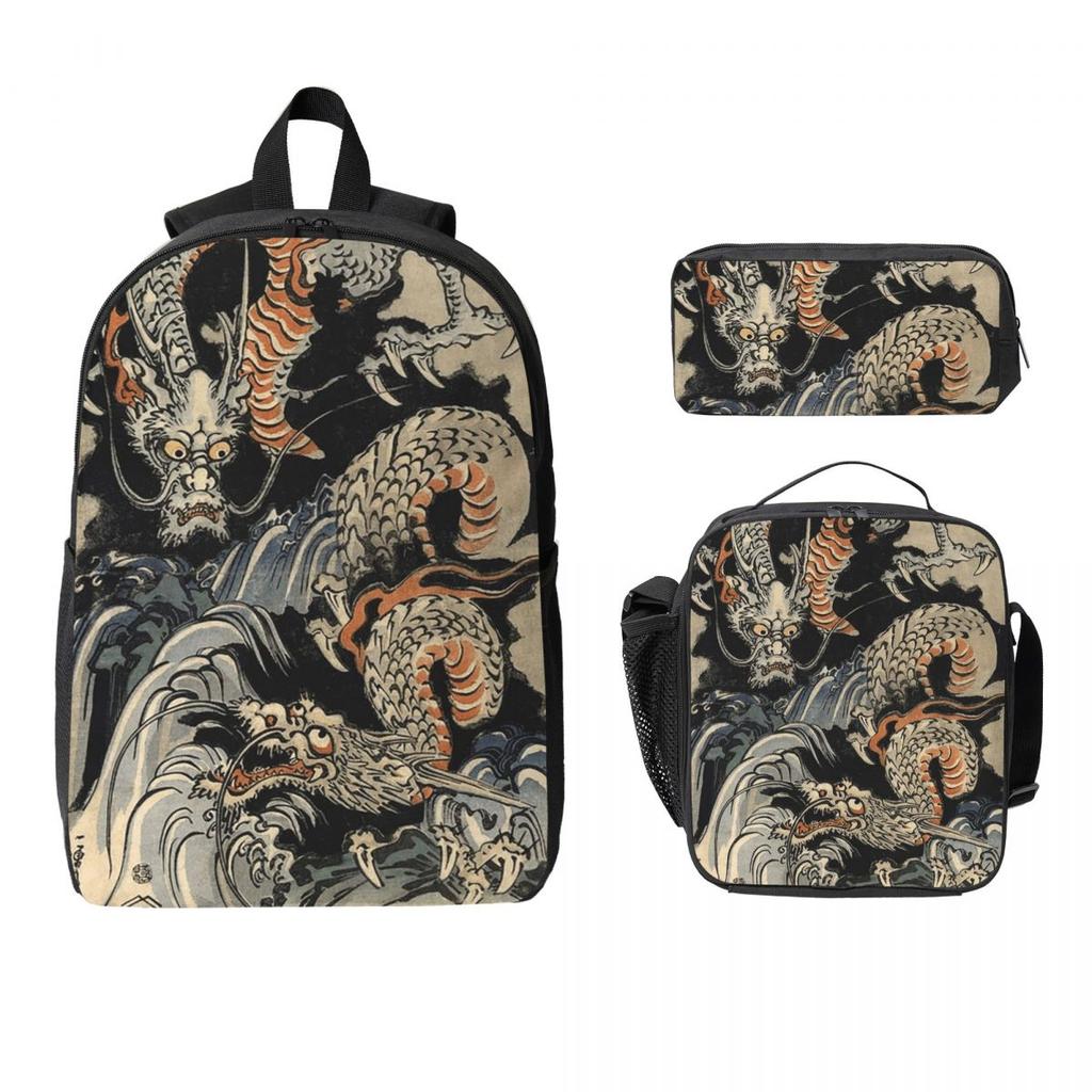 Utagawa Kuniyoshi - Dragons Backpack Student BookBag School Bag Laptop Shoulder Bags 3ps Insulated Lunch Bag Pencil Case