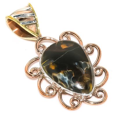 Natural Pietersite Gemstone TwoTone 925 Solid Sterling Silver Pendant 1.40" I3H71