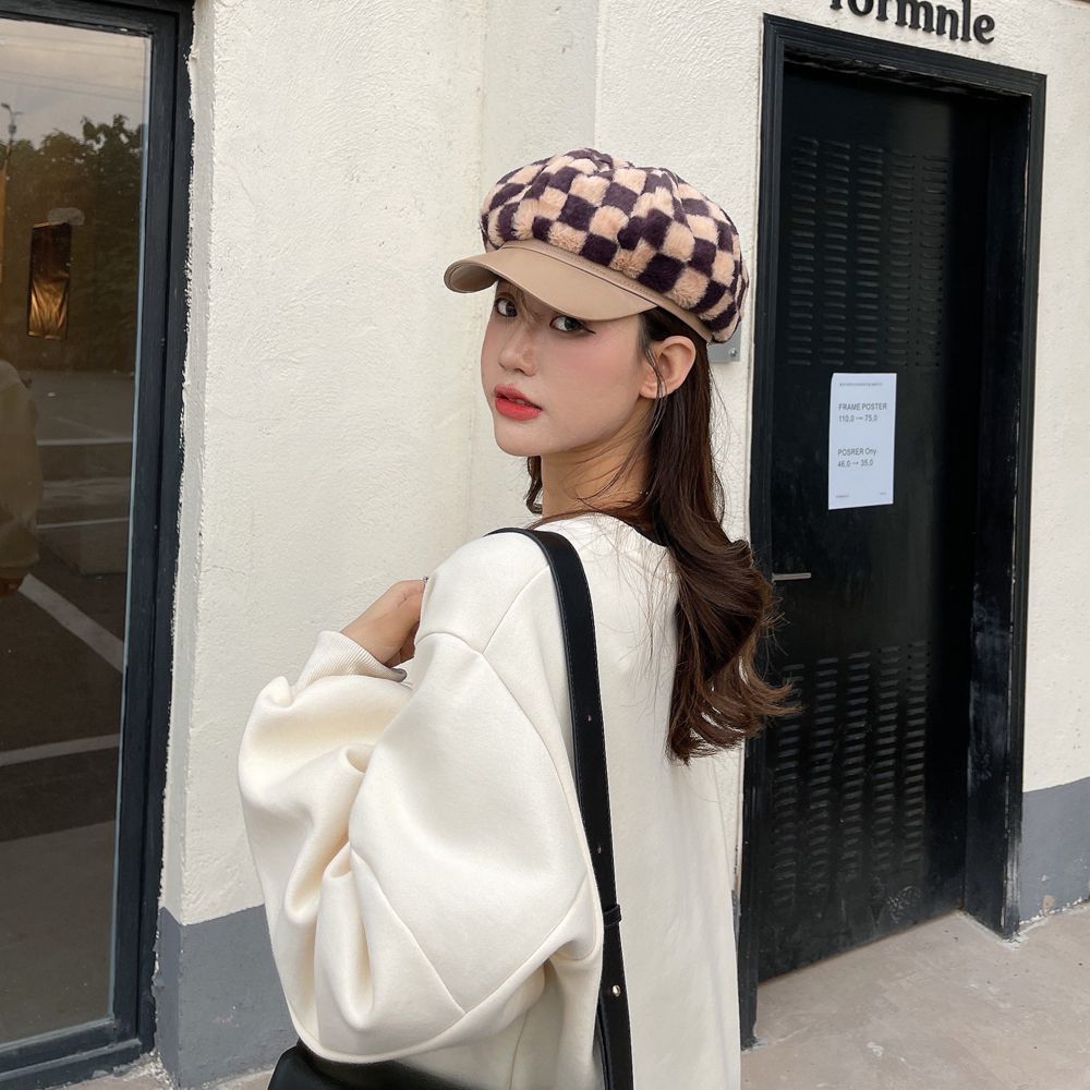

Autumn For Girls Lattice Plush Visors Women Grid Berets British Peaked Cap Korean Painter Caps хаки