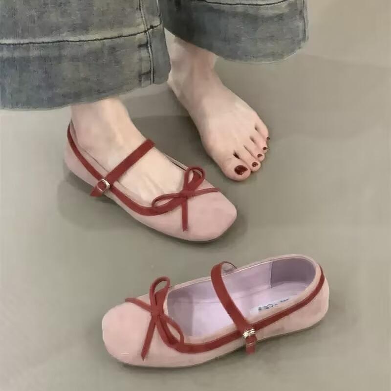 

Балетки с небольшой внутренней высотой подъема, женская обувь 2025 весна новая, розовые замшевые туфли Мэри Джейн с бантом 39 розовый