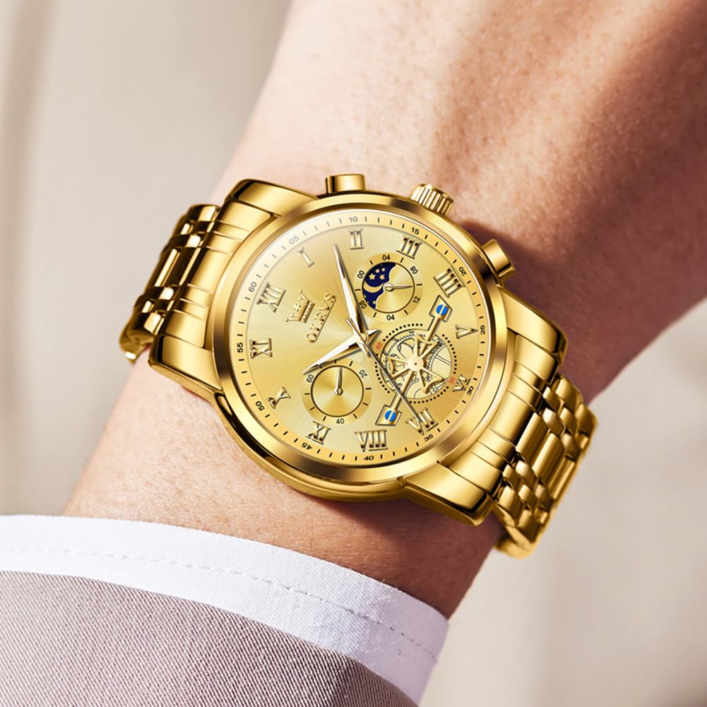 OLEVS Men's Stylish Chronograph Watch, Popular Brand for Business, Large, Easy-to-Read Analog, Waterproof Quartz Wristwatch (Gold)