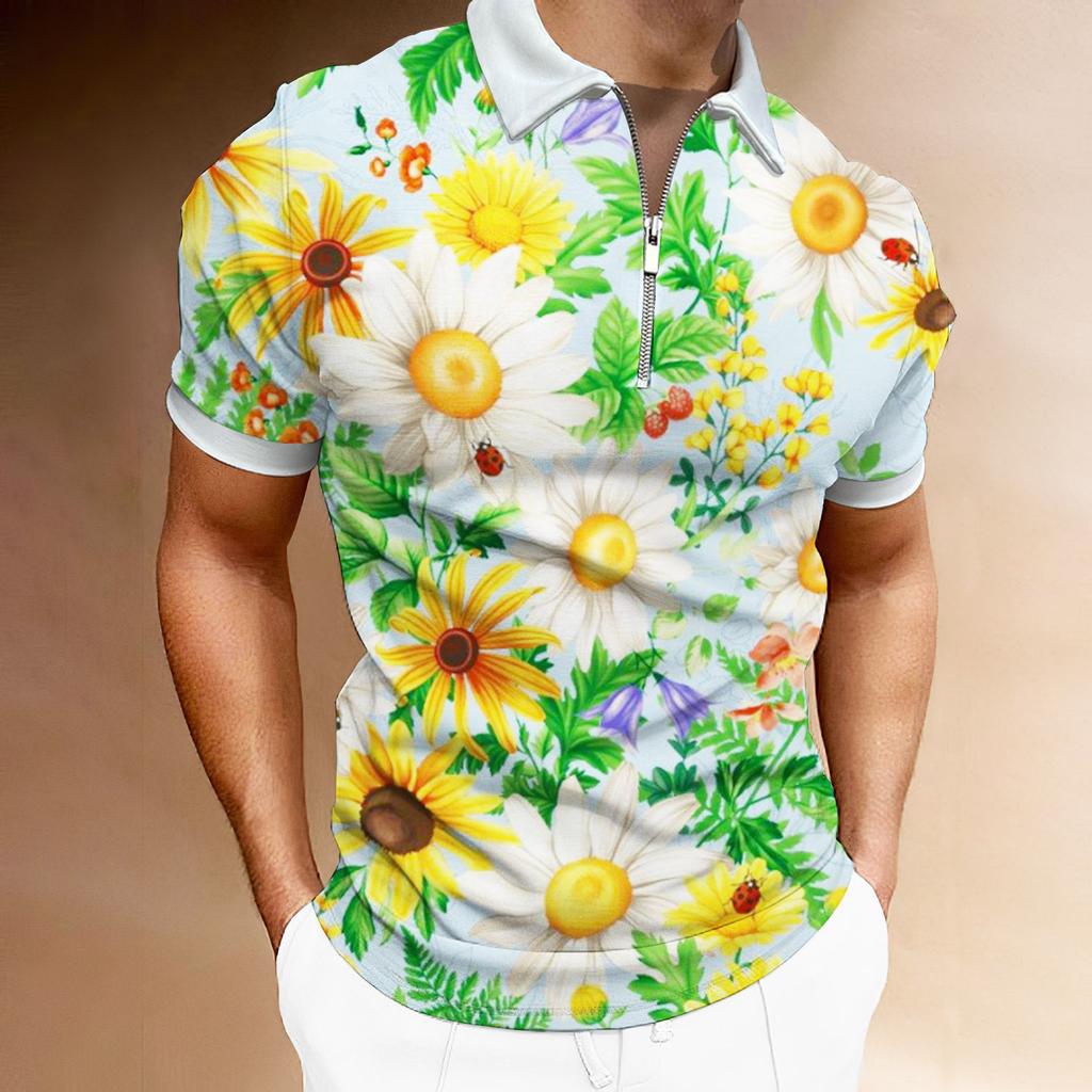 Daisy Print Short Sleeve Zip-up Polo, Casual Summer Wear