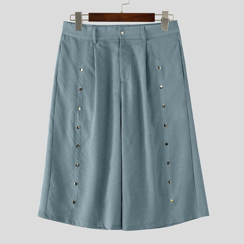 

INCERUN Men Zipper Casual Loose Striped Wide Leg Capri Pants Shorts 4XL синий