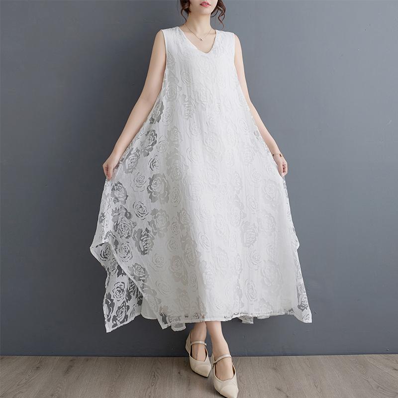

Summer Style Dress Sleeveless Floral Elegant Loose Long Dress Basic Dresses One Size білий