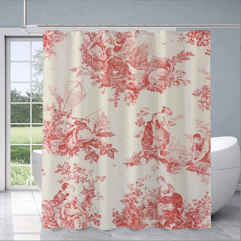 Rustic Countryside Toile Print Water-Resistant And Mildew-Resistant Shower Curtain With Classic Design For Bathroom Decor