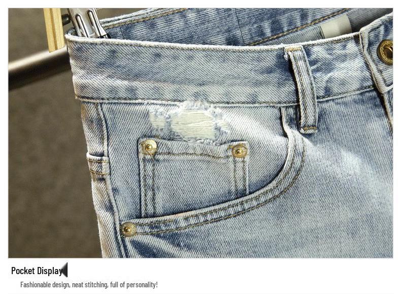 Men's Summer Slim Fit Denim Shorts with Ink-Splashed Print and Diamond Accent