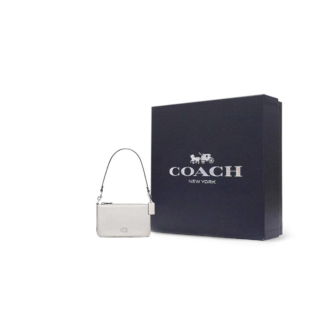COACH Pouch Cross Grain Leather With Canvas Clutch Handbag, Shoulder Bag Small Women's White CJ797-CHK