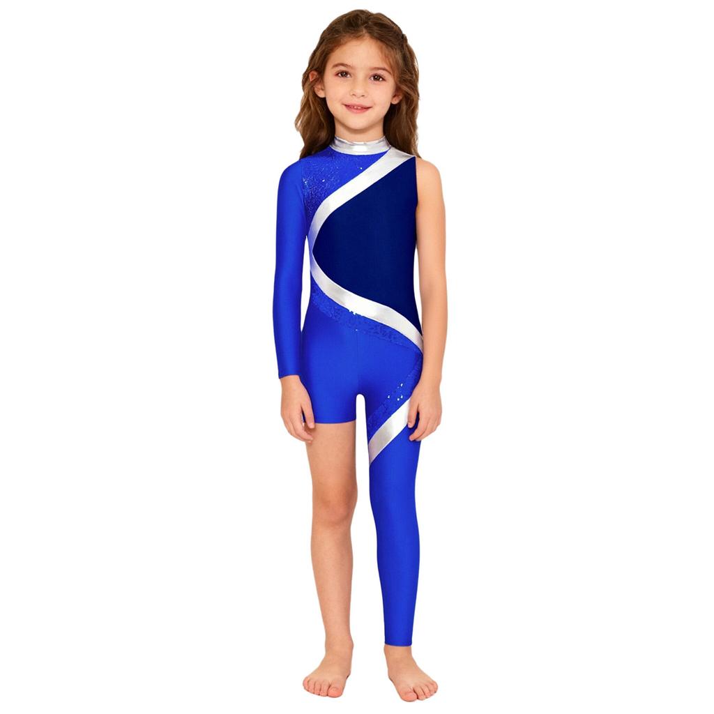 Kids Girls Stage Performance Jumpsuit: Mock Neck Shiny Sequins Color Block Asymmetrical Cut with Back Invisible Zipper