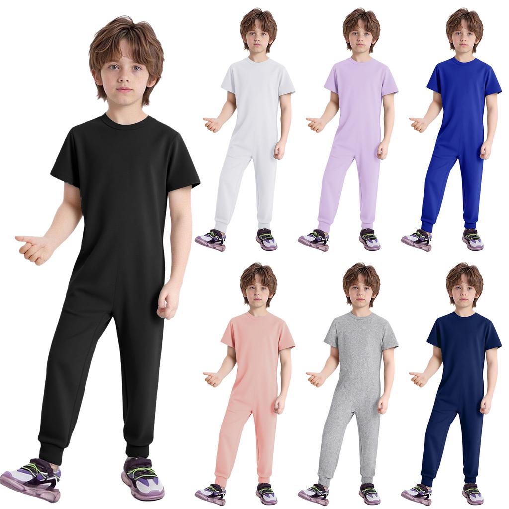 Unisex Kids Adaptive Clothing Jumpsuit Round Neck Short Sleeve Design Back Invisible Zipper Solid Color Full Body Outfit