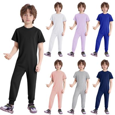 Unisex bērnu pielāgojamais kombinezons ar apaļu kakla izgriezumu, īsām piedurknēm, neredzamu rāvējslēdzēju aizmugurē, viendabīgā krāsā, pilna ķermeņa tērps