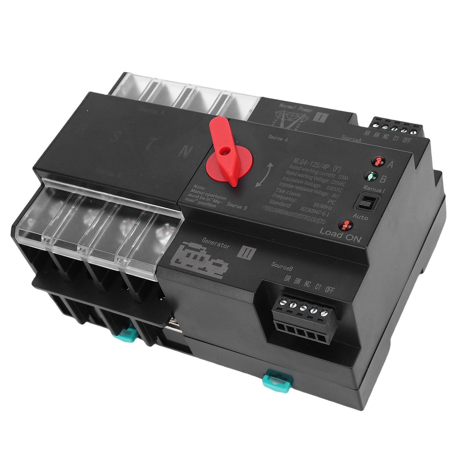 

4P Dual Power Automatic Transfer Auto Manual Generator Changeover 100A 50Celsius60HZ 35mm Din Rail Mount