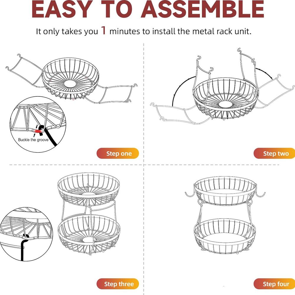 2 Tier Large Fruit Basket for Kitchen Counter with 2 Banana Hangers, Metal Stackable Fruit Bowl for Kitchen Counter for Bread