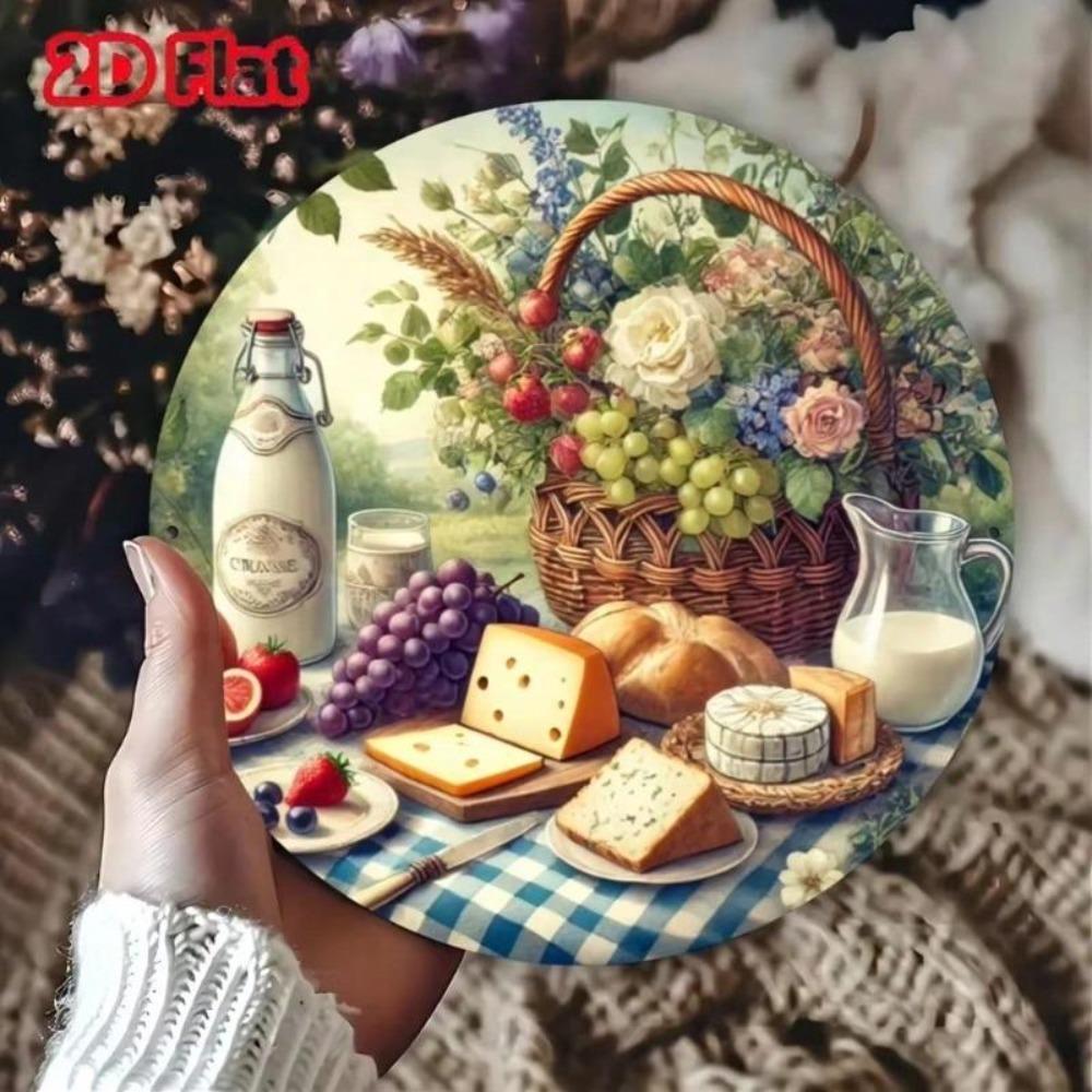 Kovové nástěnné umění Kuchyňská dekorace Rustikální design s jídlem Hliníková deska 8x8 palců Sýr Chléb Hrozny