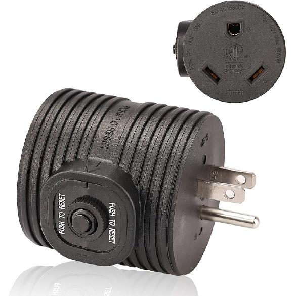 RVGUARD Overload Protector RV Power Adapter Plug Circuit Breaker, 30 Amp To 110 Volt RV Adapter Plug, NEMA 5-15P To NEMA TT-30R Electrical Power