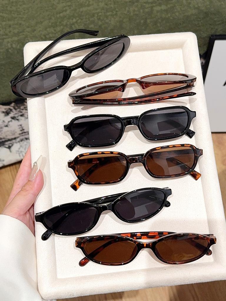 6Pcs Oval Small Frame Glasses, Chic Black, Tortoise Shell Print Design, Casual Fashion Decorative Glasses, Fashionable Wear