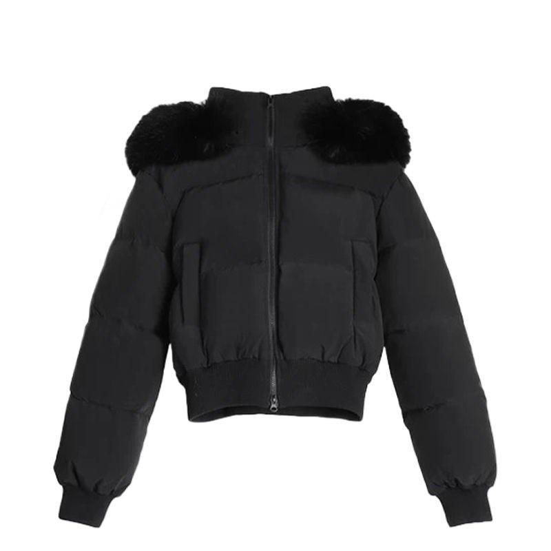 Damen Winter Pufferjacke Kurz Mit Kapuze Dicke Baumwolljacke Mit Kunstpelzkragen Marineblau Lockere Passform