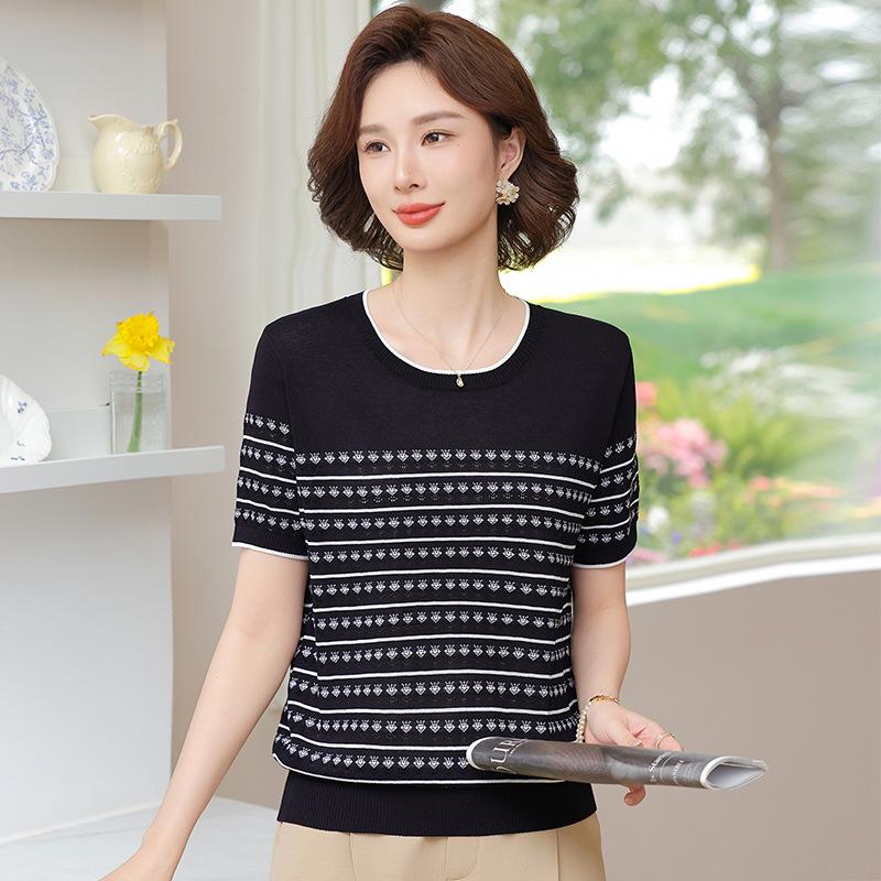 Mom's 2026 Summer Short-Sleeve Striped Knit Top, Ice Silk T-Shirt for Middle-Aged and Elderly Women