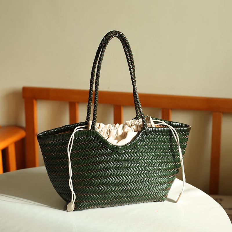 Vintage European & American Genuine Leather Handmade Herringbone Woven Handbag Basket