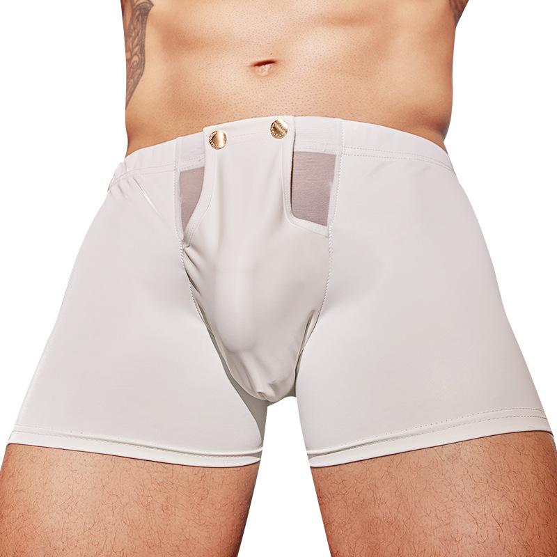 Slip da uomo aderenti in pelle PU con bottoni aperti, tasca, biancheria intima per night club, palco, corti, alta elasticità, U convessa, lingerie, mutande