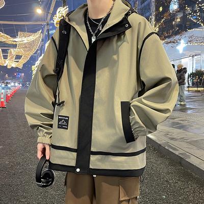 Jacke Herren Frühling und Herbst Kapuzenjacke Locker Werkzeugjacke Berg Outdoor Wasserdicht Farblich abgesetzt Lässige Partnerjacke