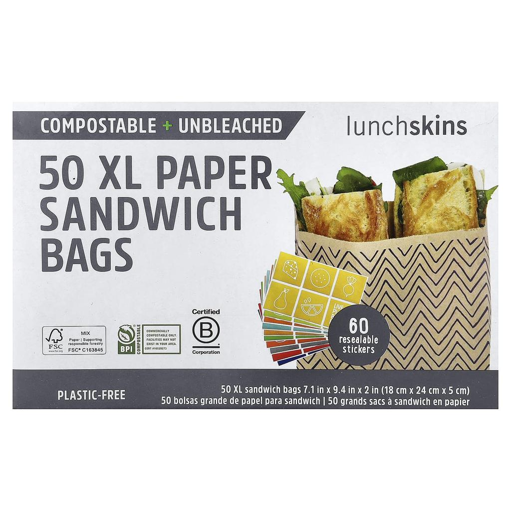 Lunchskins, XL Paper Sandwich Bags, with Resealable Stickers, 50-Count