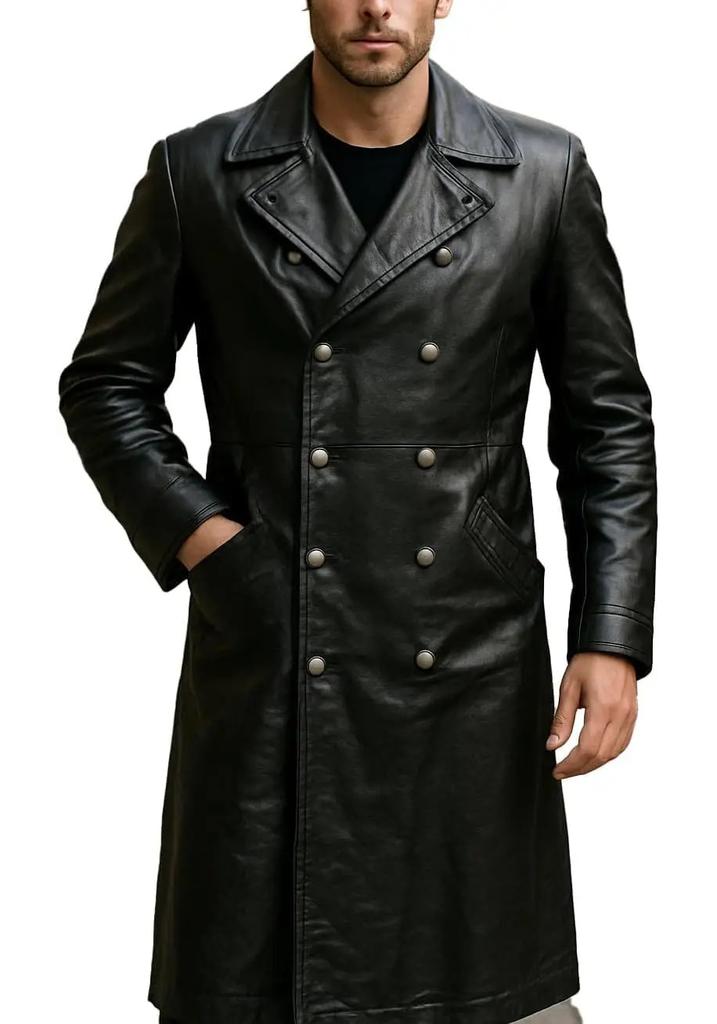 Popular German officer uniform WWII classic black long leather trench coat jacket for men
