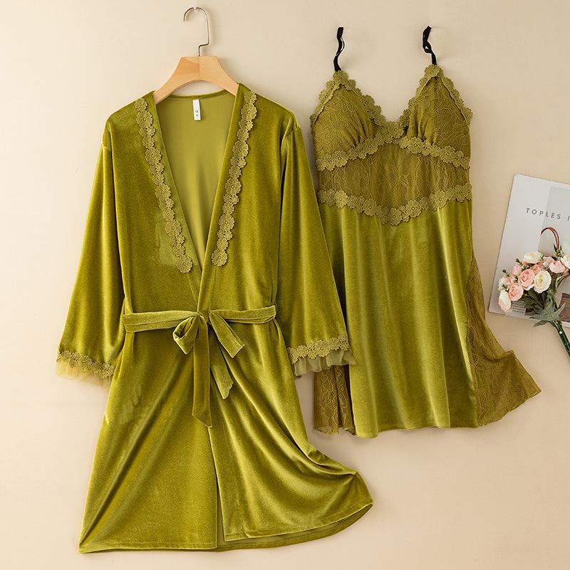 New Autumn Velvet Pajamas Two-piece Robe Set Feminine Lace See-through Robe Bathrobe Casual Velvet Home Clothes