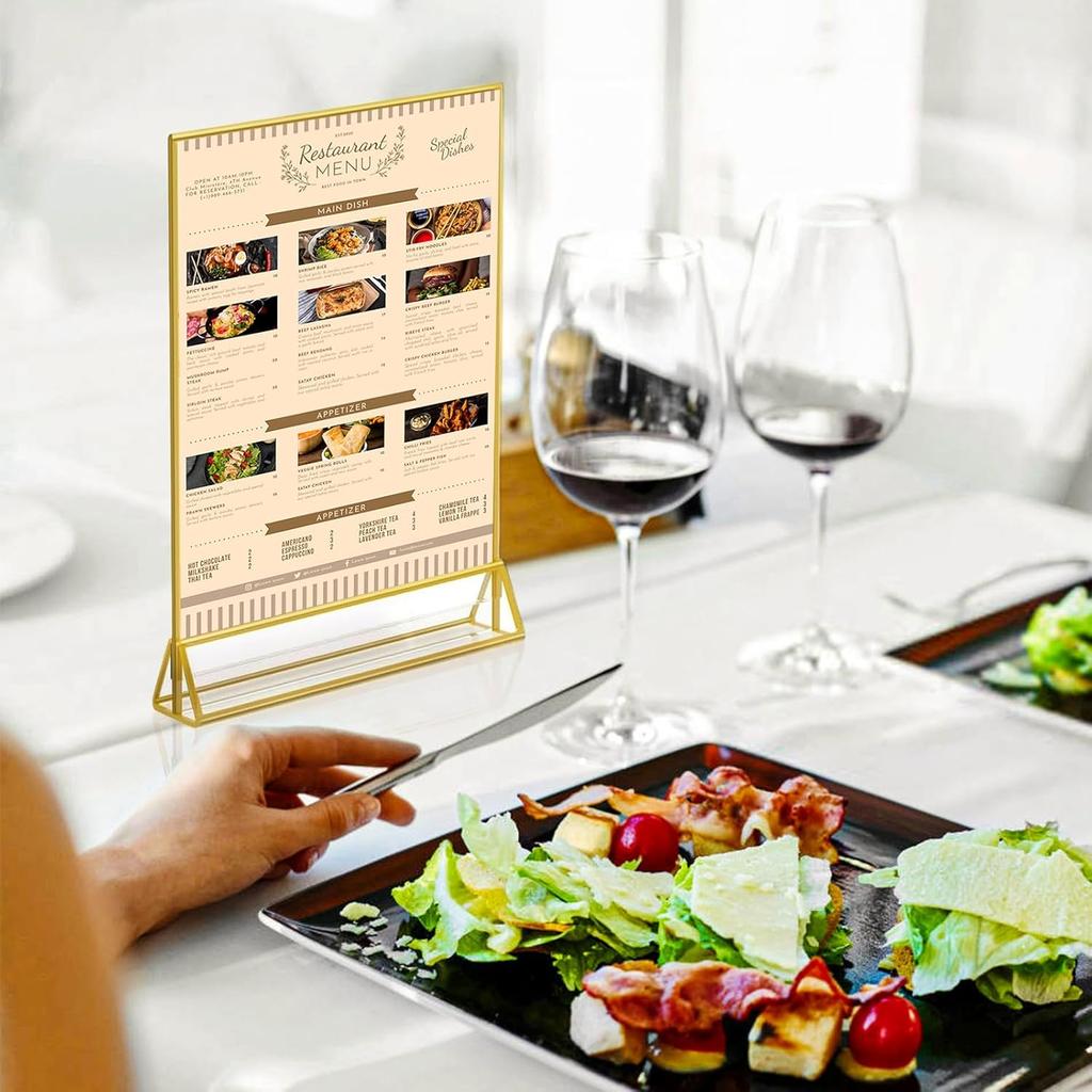 6 Pack Acrylic Gold Sign Holders 5 x 7 Inch Clear Double-Sided Picture Frames Tabletop Menu Display Stands for Table Numbers Photos Restaurants