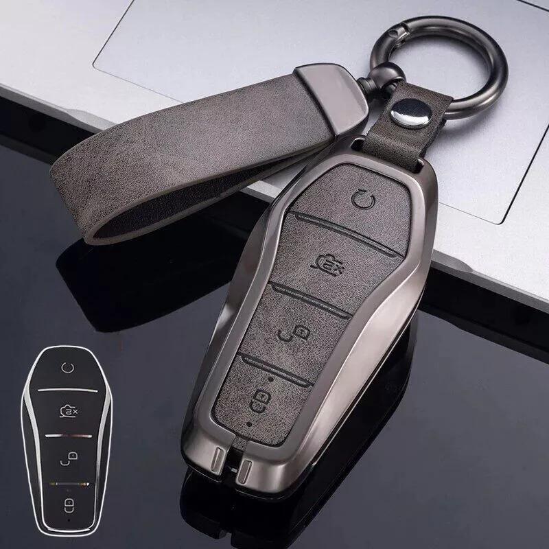 Car Key Case Cover with Zinc Alloy and Leather for BYD Song Qin Han EV and For Tang DM Provides Longevity and Protection