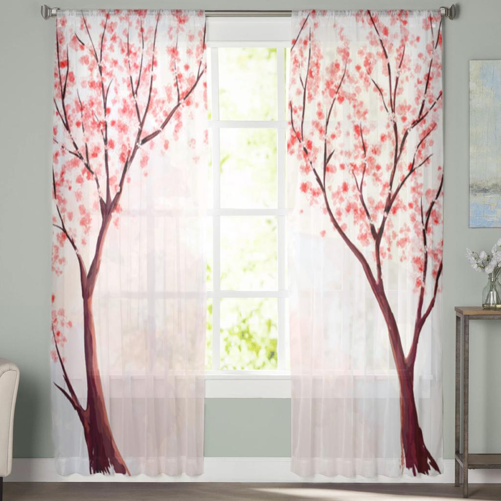 Cherry Tree Cherry Blossom Sheer Curtains For Living Room Bedroom Tulle Curtains Kitchen Window Treatments Panel Drapes
