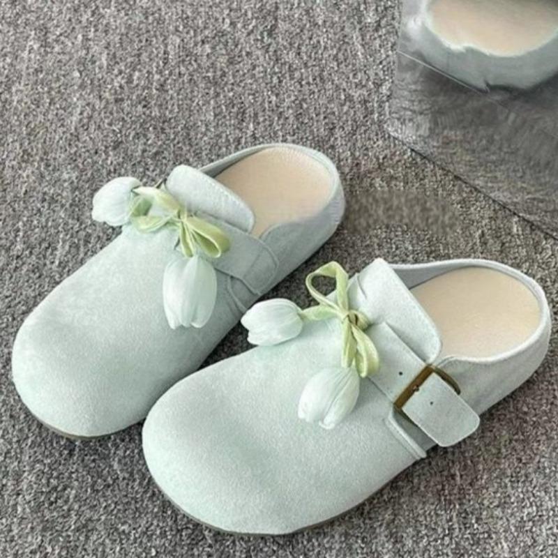 Fashion Women's Summer New Round Toe Deep Mouth Bow Flower Non-slip Wear-resistant Flats Platform Baotou Half Slippers