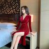 2025 Spring/Autumn Women's Fashion Velvet Midi Dress - Long Sleeve Slim-Fit with Cinched Waist and Slit Skirt