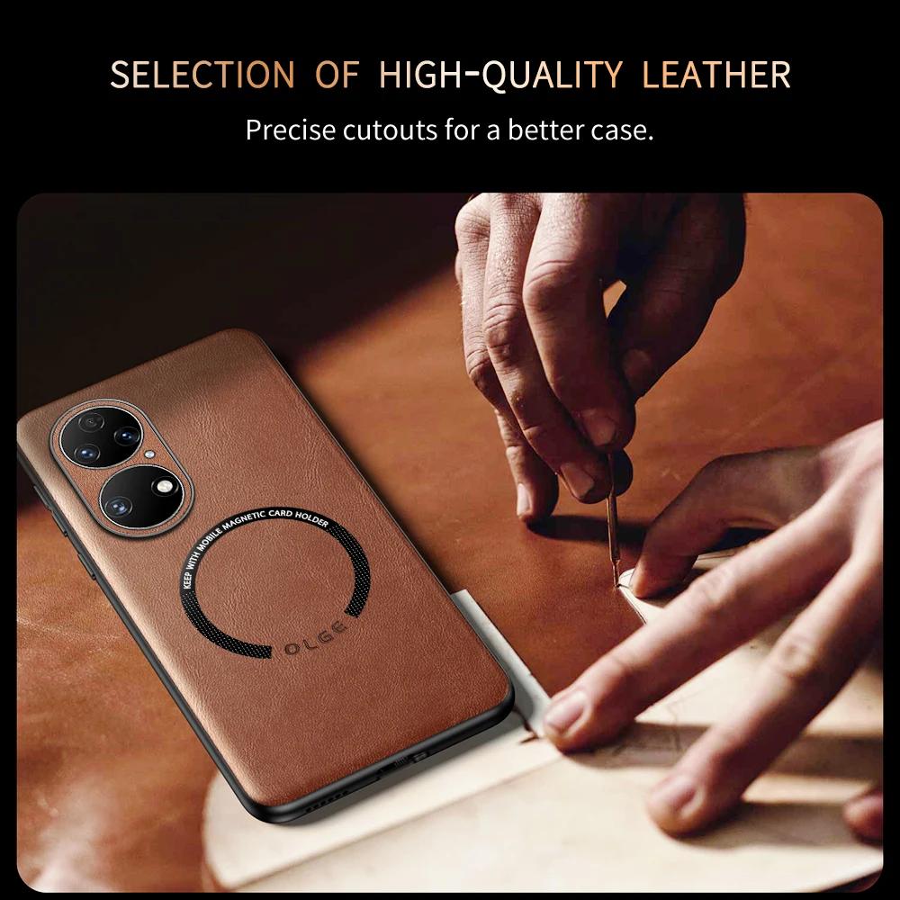 For Huawei P50 P50 Pro P50E Fine-Hole PU Cow Pattern Leather Outer Magnetic Ring Soft Edge Anti-Drop Phone Case