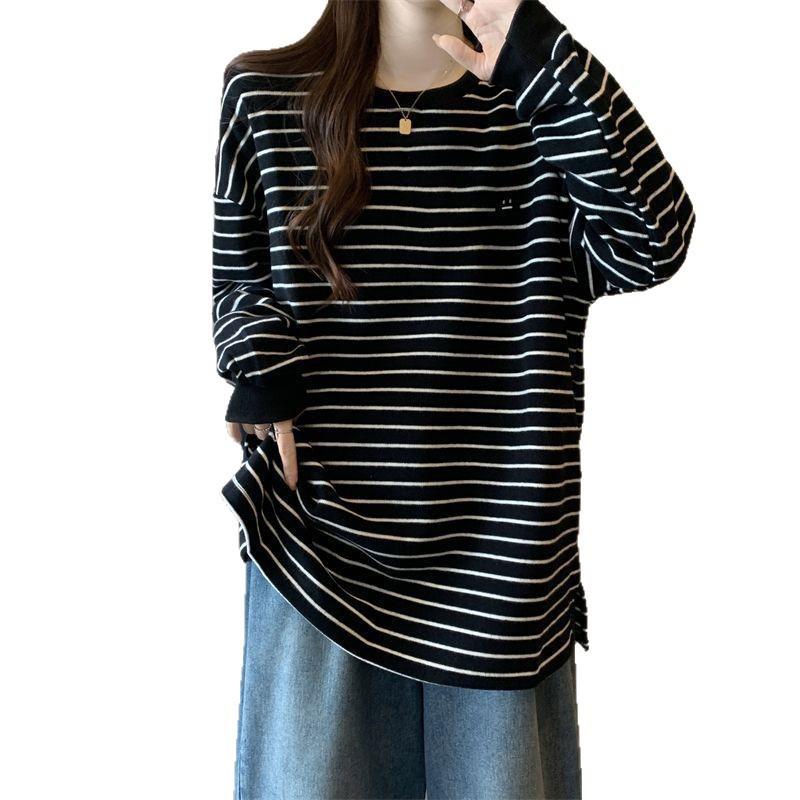 Women's Plus Size Striped Long Sleeve T-Shirt - 2025 Autumn/Winter Stylish Slimming Base Layer Top