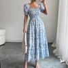 Abito estivo elegante stile pigro stampa schizzo scollo quadrato manica lunga a sbuffo ampio donna