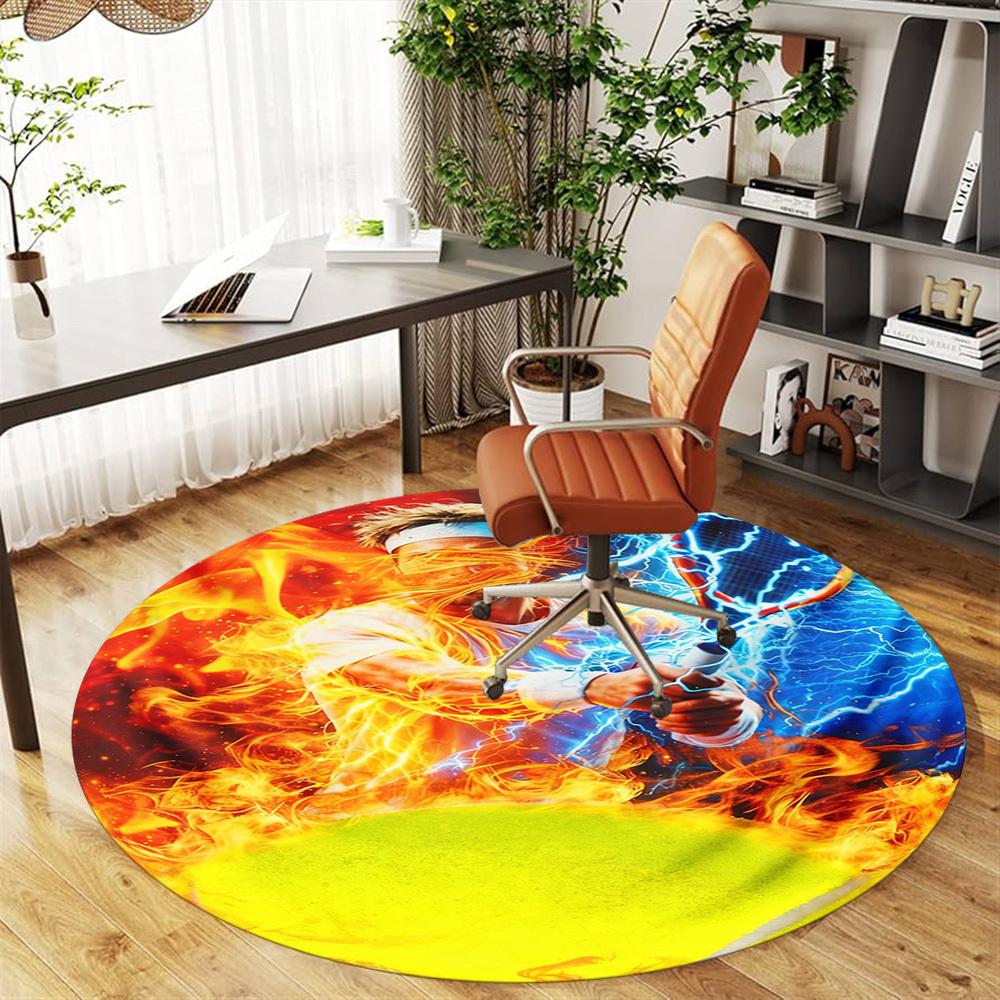 1PC Fire Tennis Round Chair mat Area Rug - Non-Slip, Floor Mat for Office, Bedroom, and Indoor Decor -Gift D1127238