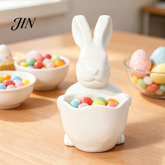 3D Printed Rabbit Bowl Easter Bunny Candy Bowl, Cute Holding Figurine, DIY Paintable White Desk Blank Decor for Living Room Office, Versatile Trinket