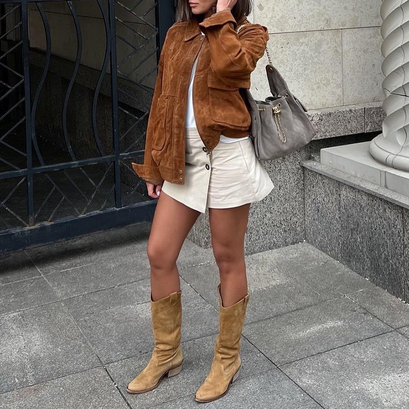 Dámská móda Semišová textura Volné letecké bundy Ležérní Slim s kapsami Kabáty se zipem