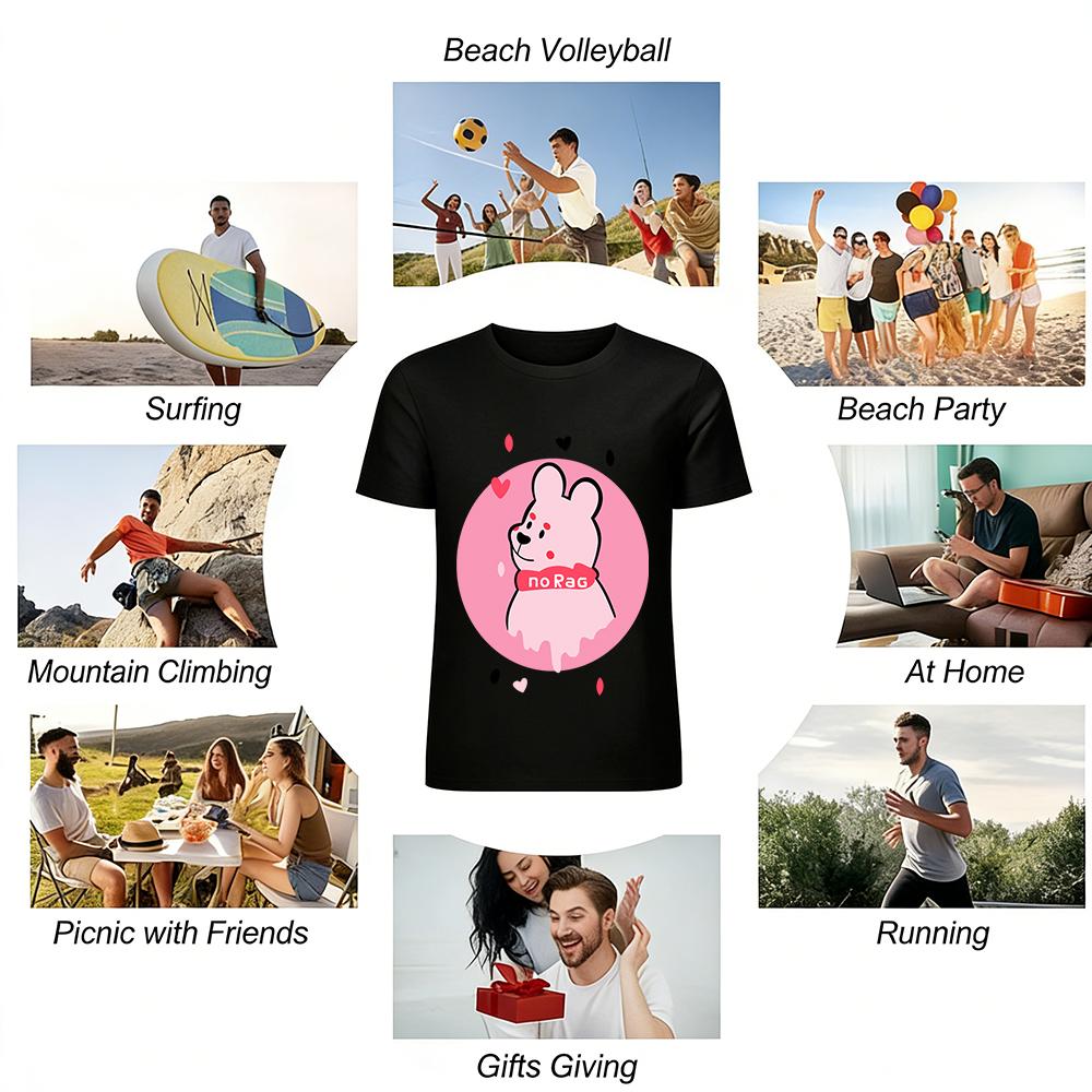 Cute Melted Pink Bear Print T-Shirt Casual No Rag Theme Loose Crewneck Top For Daily Wear Pure Cotton T-shirt
