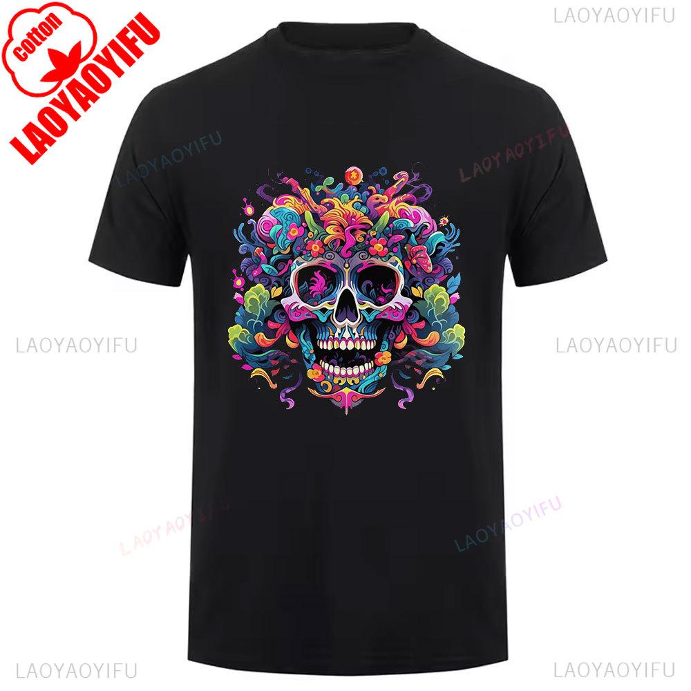 Mexican Skull Pattern Cotton Summer Tee Unisex Short Sleeve Round Neck Retro Style Graphic Shortsleeved Launched Casual Tshirt