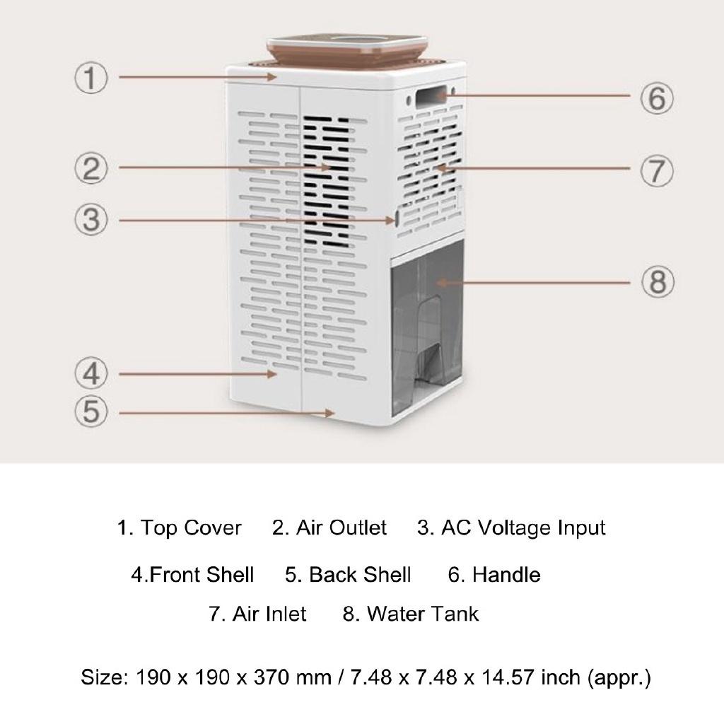 65W 2.7L  Air Moisture Low Noise Dehumidifier Mini Air Dehumidifier Electric Dehumidifier for Home Damp Garage 190 x 190 x 370 mm