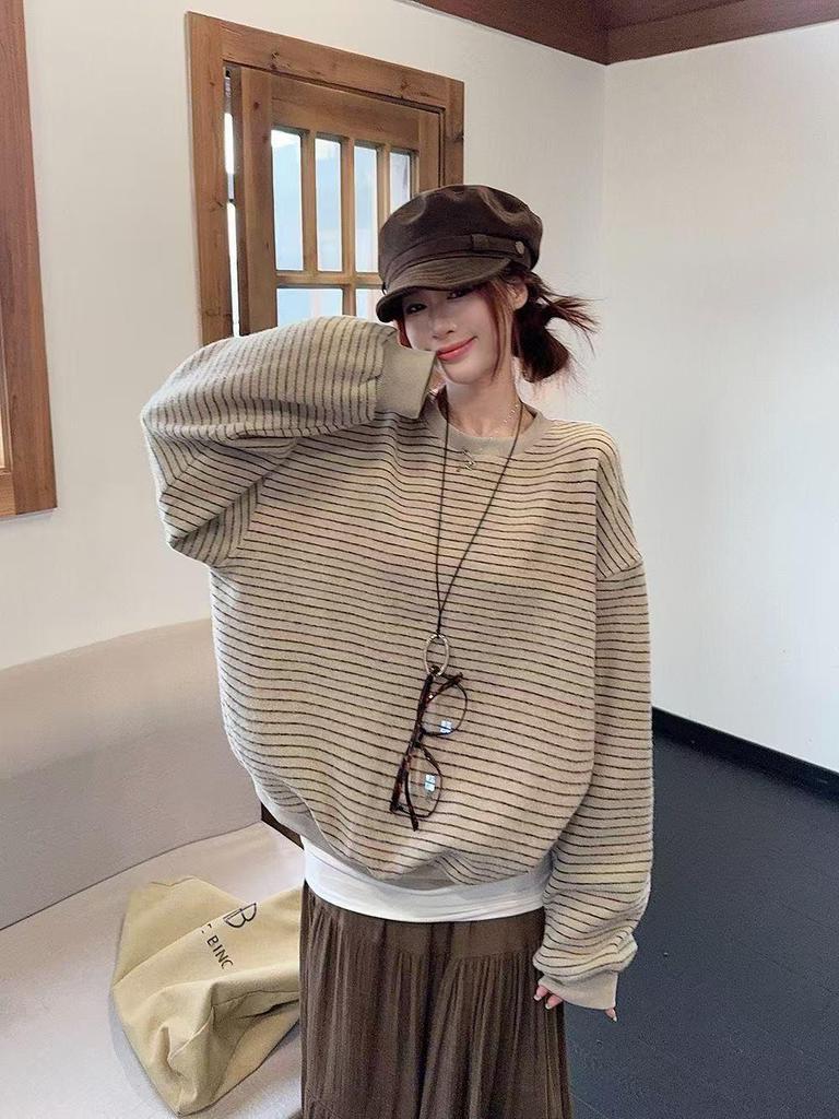 Women's 2025 Autumn Retro Striped Crew Neck Sweatshirt – Korean Style Loose Fit Trend