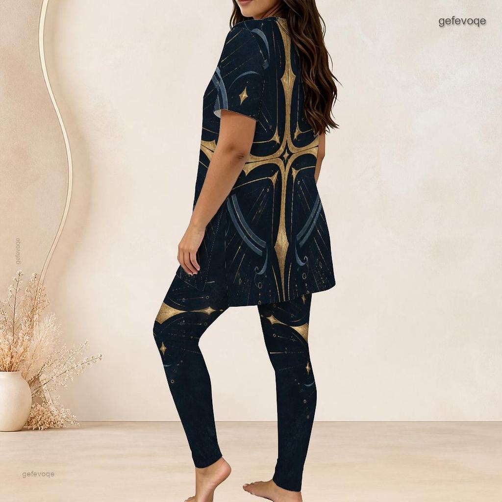 Women Plus Size Two Piece Set Round Neck Short Sleeve Eagle Printed Longline Top And Fitted Pants